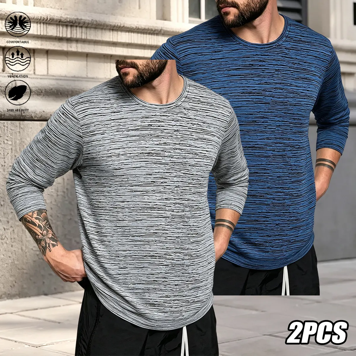 2-pack men’s casual long-sleeve athletic shirts, breathable and comfortable, crew neck design, suitable for leisure, sports, and everyday wear; men’s long-sleeve tops for spring and autumn.