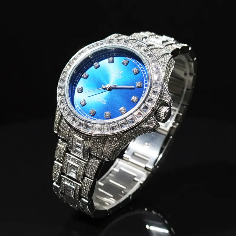 MaxBling81 Men's Hip Hop Watch, 18-karat Gold Plated Finish, Iced Out with Lab Diamonds, 45mm Analog Blue Dial, Adjustable Band, Hip Hop Style, Jewel Encrusted, Quartz Movement