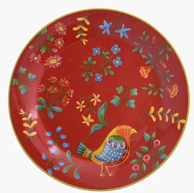 9-Inch Folk Art inspired Red Ceramic Salad Plate - Set of Four