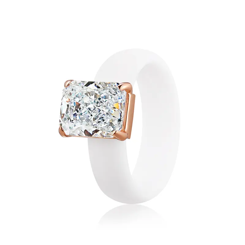 Icy White Emerald Cut CZ Engagement Ring for Women 10x8mm Cubic Zirconia Wedding Gift Thin 5.7mm Silicone Comfort Band Stackable Glow Ring