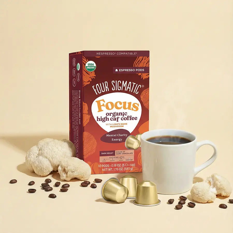 Four Sigmatic - Focus High Caffeine Coffee Pods Compatible with Nespresso Original | Organic Dark Roast Espresso with Added Focus | Mushroom Coffee Enhanced with Lion's Mane | High Caffeine 20ct + 40ct