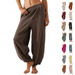 Ommig Women's Baggy Wide-Leg Trousers - Casual Elastic-Waisted Palazzo Harem Bottoms with Pockets, Basic Lady's Women's Clothes