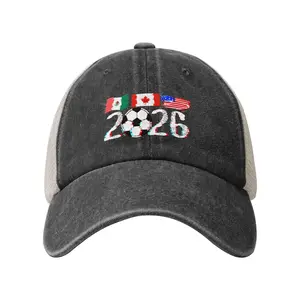 2026 USA/Canada/Mexico patriotic soccer trucker cap — breathable washed cotton and mesh adjustable hat for football fans, suitable for outdoor sports and everyday wear; sports sun hat