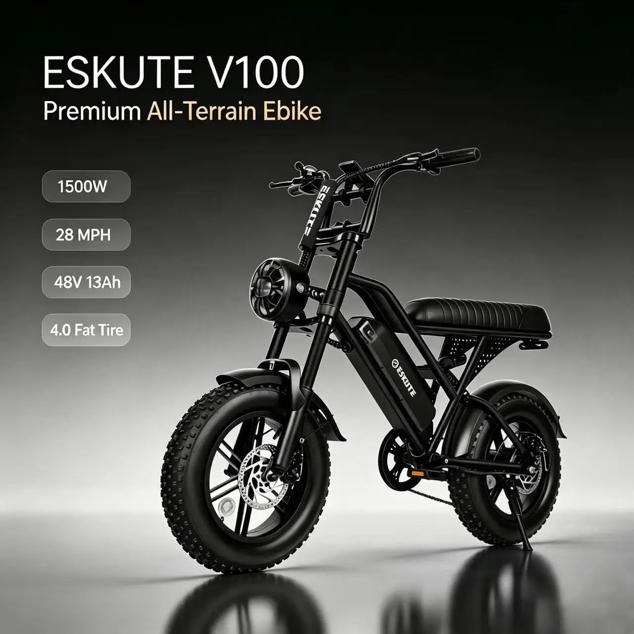 ESKUTE V100 All-Terrain Fat Tire Electric Bike for Adults | 1500W Peak Motor, 28 MPH, 48V 13Ah Removable Battery, 16"x4.0" Fat Tires, Full Suspension Dual-Seat Ebike