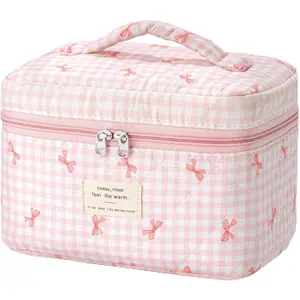 Quilted Makeup Bag, Portable Cotton Large Travel Makeup Bag, Cute  Pink Floral  Bags Toiletry Bags for Women Teen Girls Mom