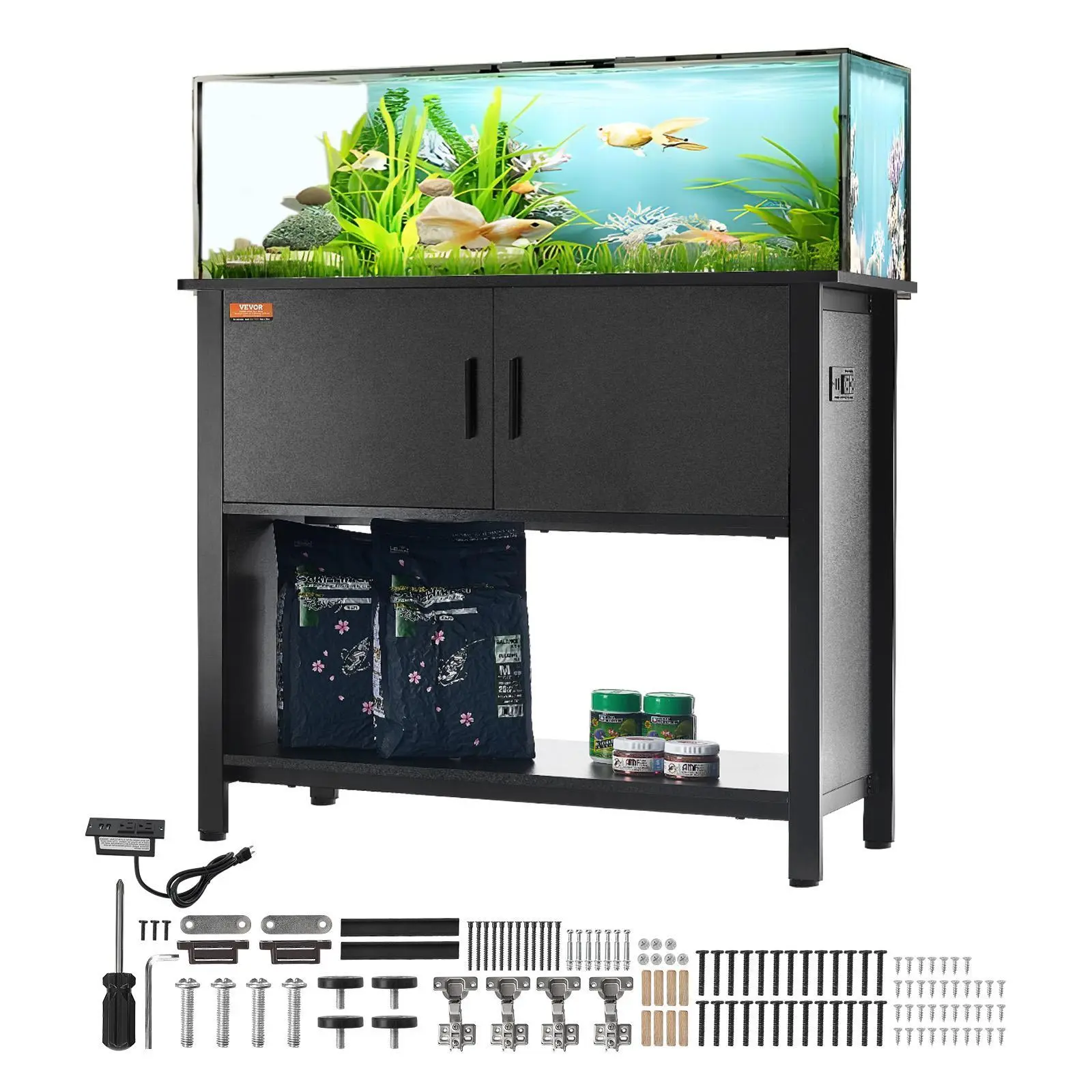 【Summerfinds】VEVOR Aquarium Stand, 40 Gallon Fish Tank Stand, 36.6 x 18.9 x 31.5 in Steel and MDF Turtle Tank Stand, 335 lbs Load Capacity, Reptile Tank Stand with Storage Cabinet and Embedded Power Panel, Black