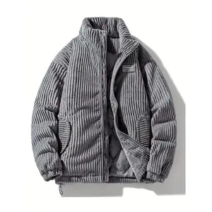 Unisex Corduroy Puffer Coat, Thickened Winter Warmth, Casual Stand Collar Zip-Up Jacket with Pockets, 100% Polyester, Long Sleeve, Regular Length, Woven Fabric, Loose Fit, Solid Color