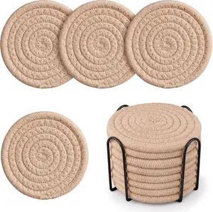 Cotton Woven Coasters with Holder - Absorbent Coasters Set of 8 for Table Protection,  Decor, Glasses, Cups, Bar, Housewarming