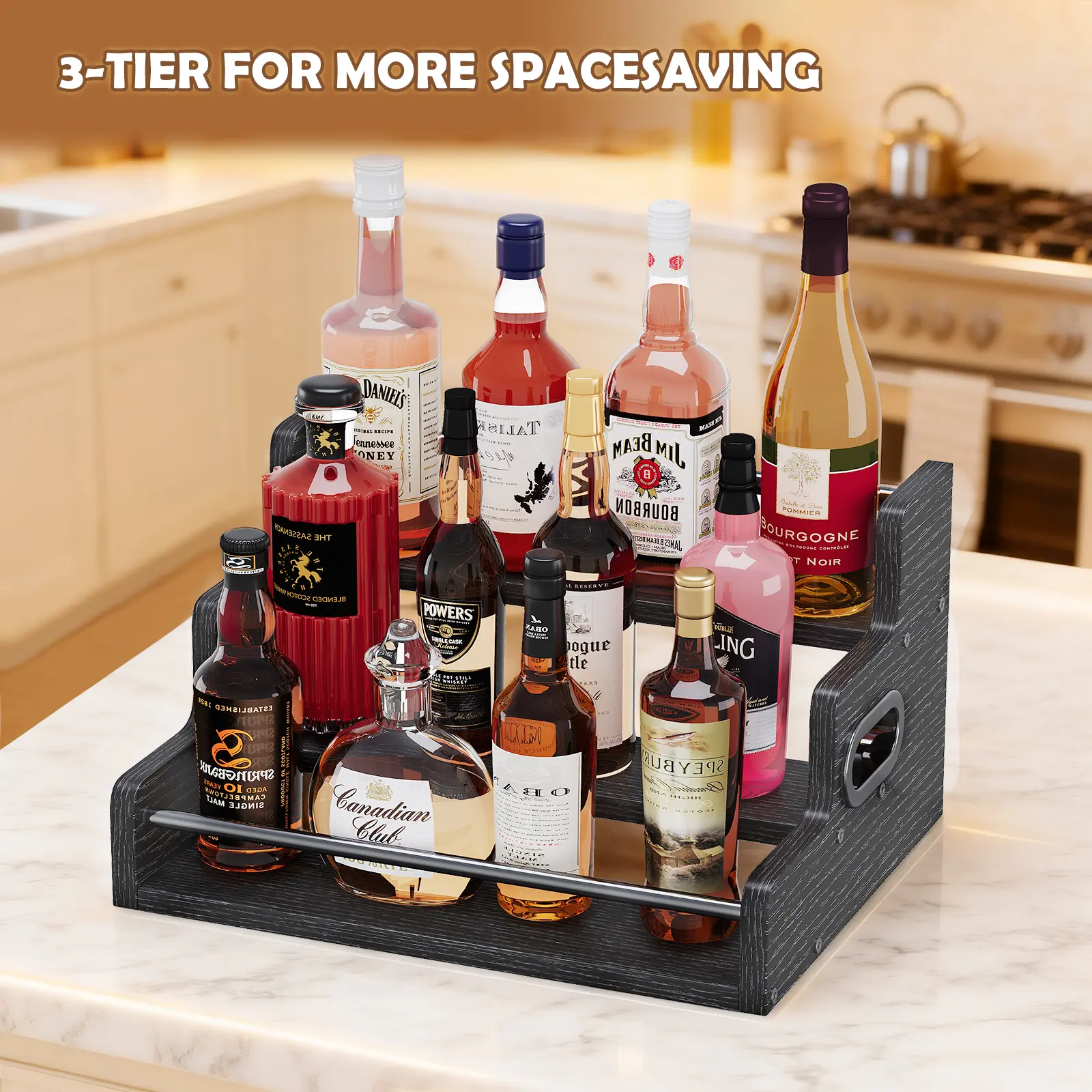 Liquor Bottle Display Shelf, LED Wine Bottle Display Rack with Remote Control, 3-Tier Bar Shelf Stand, Whiskey Spirits Wine Holder for Tavern, Liquor Cabinet, Coffee Syrup Rack for Home