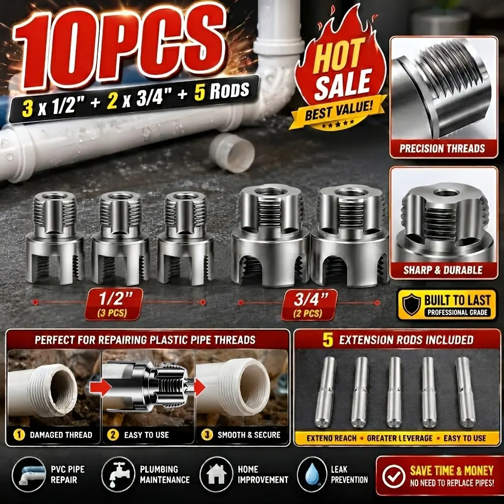 10pcs Heavy Duty Pipe Threaded Tools Set-5 Extension Rod+3pcs 1/2'+2pcs 3/4'Internal External Pipe Threader Kit, Thread Tapping Tool Compatible with All Common American Drills.Threader Tool Compatible with US Standard PVC, PPR, MPP Plastic Water Pipe