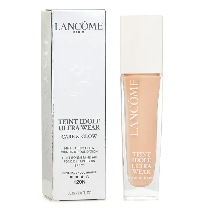 Lancome Teint Idole Ultra Wear Care & Glow Foundation SPF 25 - #120N, Smoothing Hyaluronic Serum Cosmetic for Even Skin Tone, Concealer, Spf Makeup