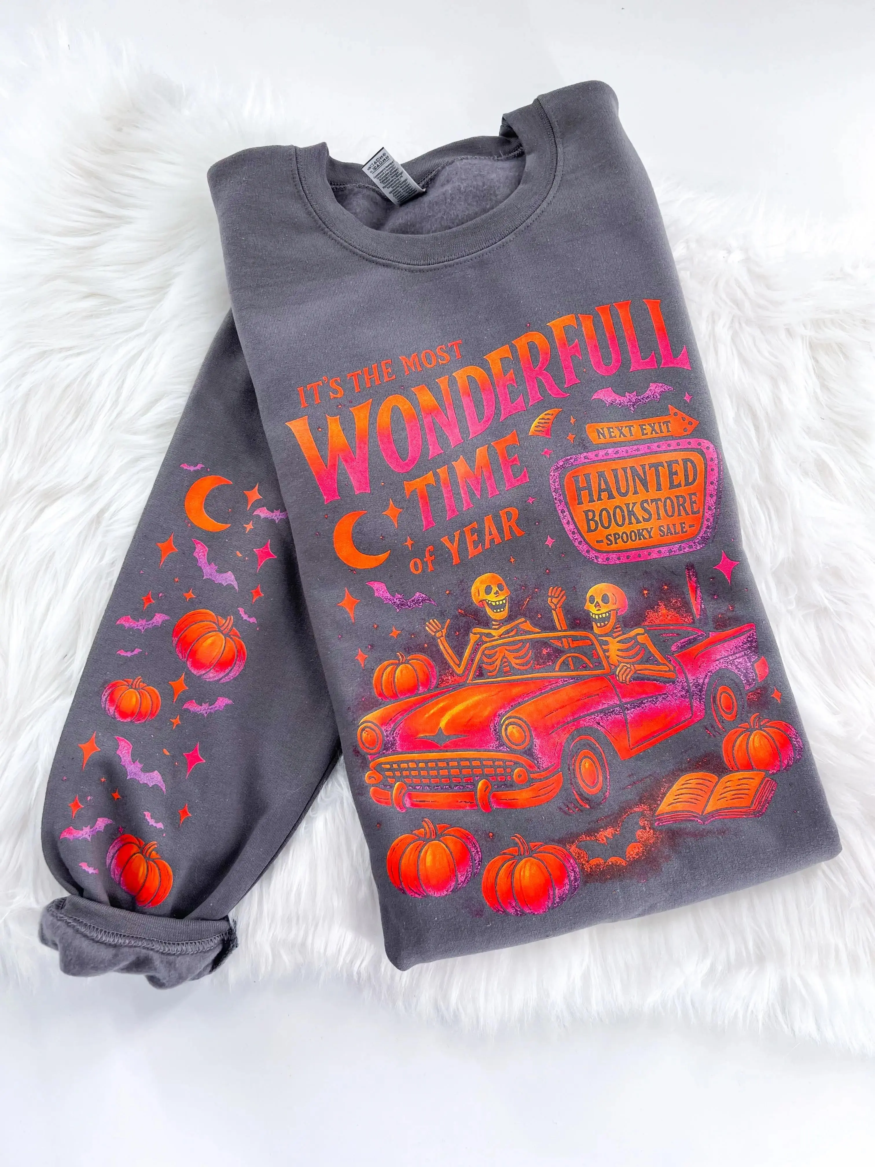 Most Wonderful Time of the Year Sweatshirt, Skeleton Haunted Bookstore Crewneck for Women, Retro Halloween Shirt, Spooky Season Gift, Autumn Top