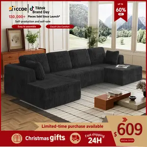 [2Packs Shipped] Niccae U-Shaped Modular Sectional Sofa Couch, Reversible Compressed Corduroy Fabric, Modern Sofas Couches for Living Room, Space-Saving Recliner Convertible Sofa Bed (2 or 3 Packages Shipped), Reversible Sectional Sofa