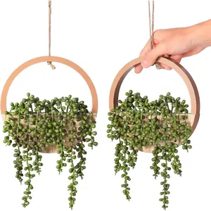 JUSTOYOU 2pcs Fake Hanging Plants Artificial Succulents Wooden Hanging Planter Artificial String of Pearls with Pot and Lanyard for Living Room Bathroom Indoor Outdoor Boho Wall Decor