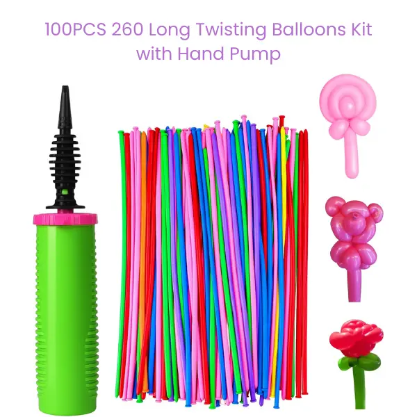 100PCS 260 Long Twisting Balloons Kit with Hand Pump, Assorted Magic Animal Balloons for Party Decor Summer Gift
