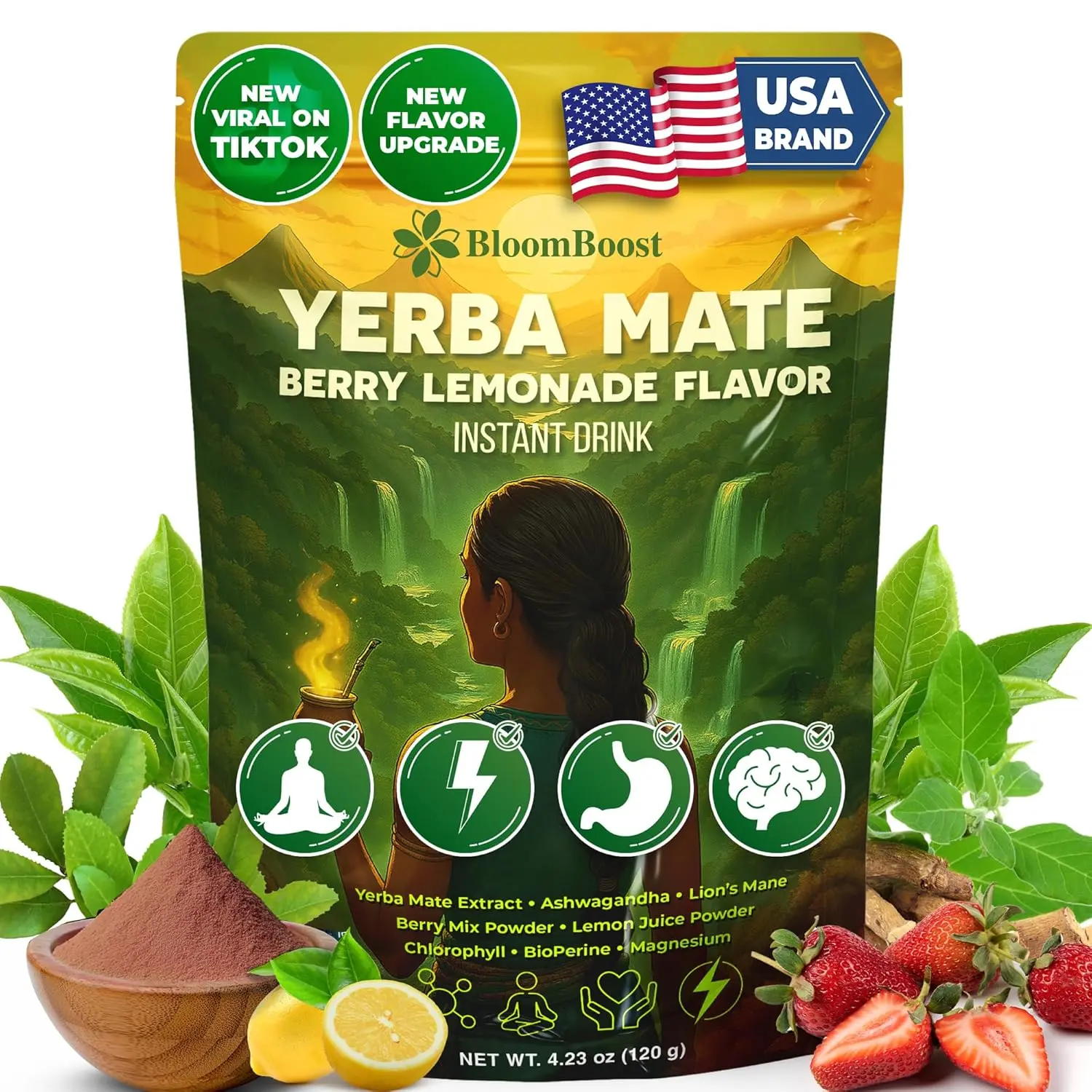 Yerba Mate Instant Tea Powder – Yerba Mate, Ashwagandha, Lion’s Mane, Chlorophyll, Berry Lemonade Flavor – 4.23 oz (11 Servings) – Sugar-Free, Gluten-Free, Superfood Energy & Focus Blend #Clearance Sale