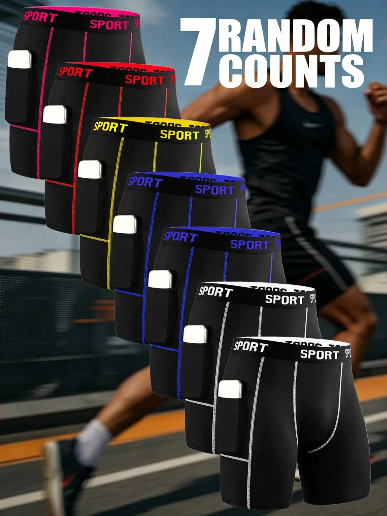 7 pcs random long men's slim fit underwear - lightweight, comfortable and durable, elastic waistband, men's sports underwear with contour pockets, suitable for daily fitness and running, Four Seasons casual underwear, suitable for daily home wear.
