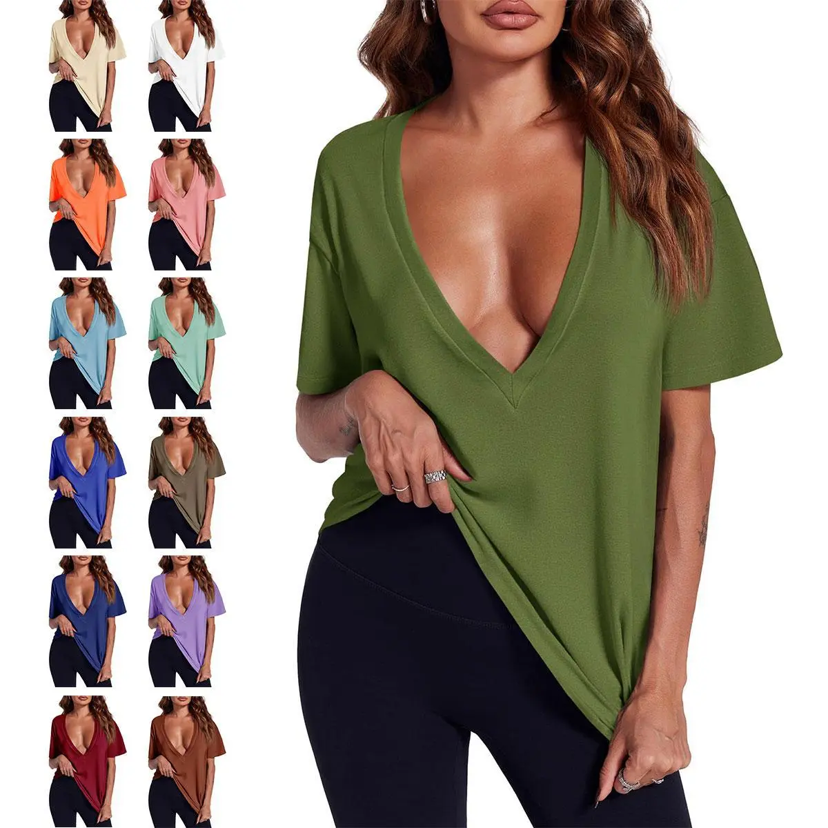 Imily Bela Women's Chic Deep V-Neck Short-Sleeve Loose Basic T-Shirts - Girly Casual Tops, Streetwear for Women, Perfect to Pair with Bikini,summerwins,summeroutfits,vacationoutfits,beachoutfits,back to school,back to school shopping
