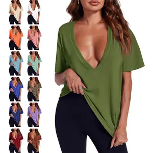 Imily Bela Women's Chic Minimalist Deep V-Neck Short-Sleeve Basic Tees, Loose Casual Tops for Day, Everyday, Beach Wear,summervibes