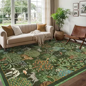 5x7 Indoor Runner Rug, Ultra-Thin Short Pile Polyester Fiber Washable Floral Pattern Non-Slip Mat with Modern Jungle Animals Theme, for Hallway, Entryway, Dark Green