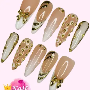 Nail Queendom [VANILLA GOLD RUSH] Handcrafted 3D Press-On Nails Reusables Long Lasting Salon Quality Easy Application 10 Pieces Set Eco-Friendly 3D-gel Finish
