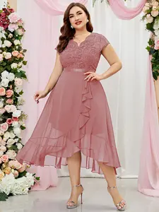 【Plus Size】Miusol P6108 Women's Plus Size V-Neck Short-Sleeve Retro Classy Floral Lace Ruffle Maxi Dress, Elegant Comfortable Formal Wear for Bridesmaids, Weddings, Parties