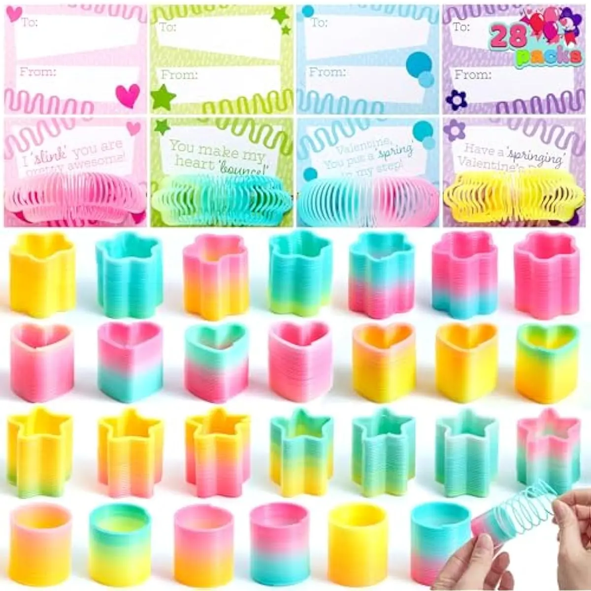 28 Packs Rainbow Springs with Valentine's Day Cards, Bright Colors Coil Spring Toy Bulk, Stress Relieve Anxiety Toys for Kids Birthday Gift, Game Prizes and Party Favors