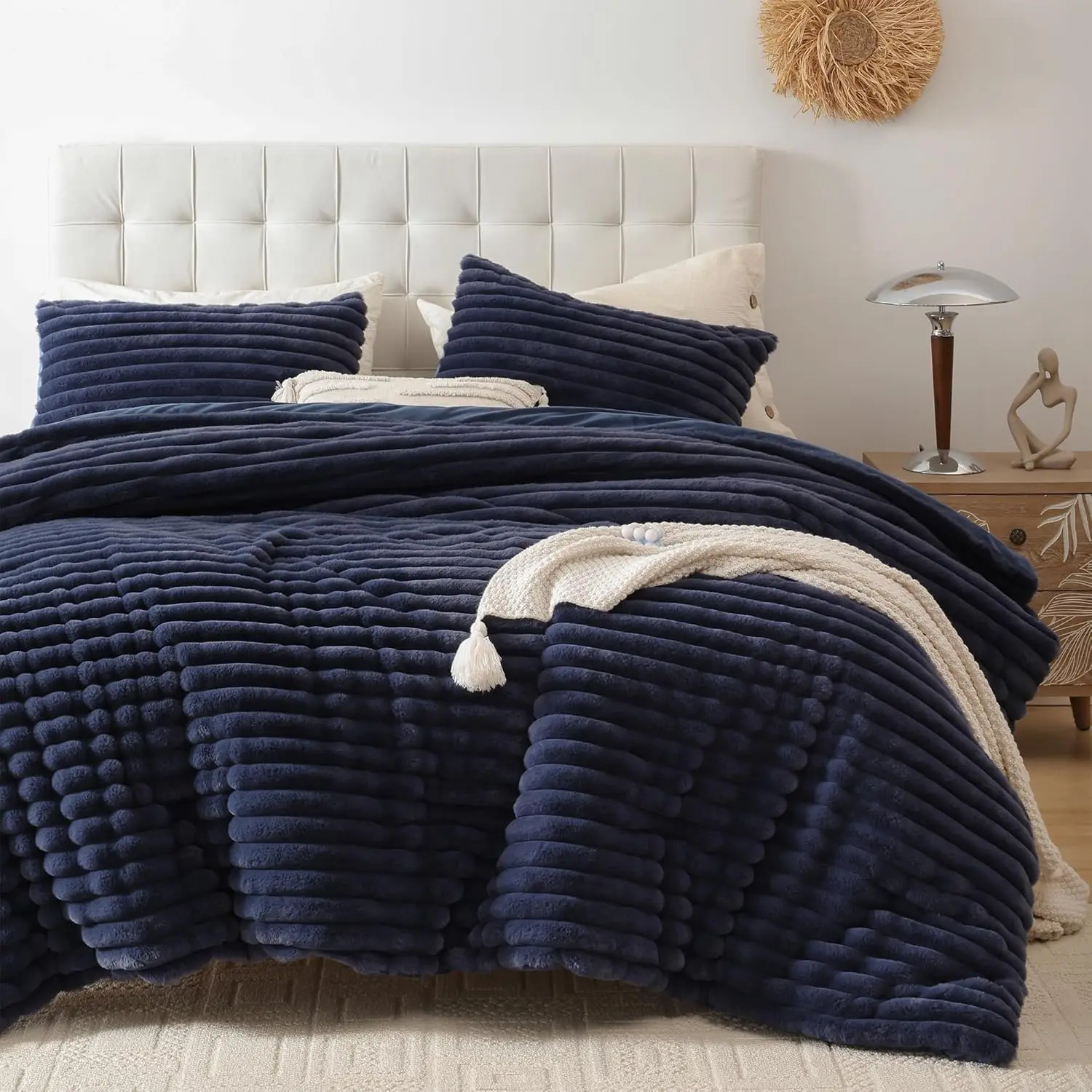 Fluffy Queen Size Comforter 3 - Navy Blue Fluffy Comforter, Fuzzy Queen, Warm Queen, Heavy Faux Fur Comforter with 2 Pillow Cases