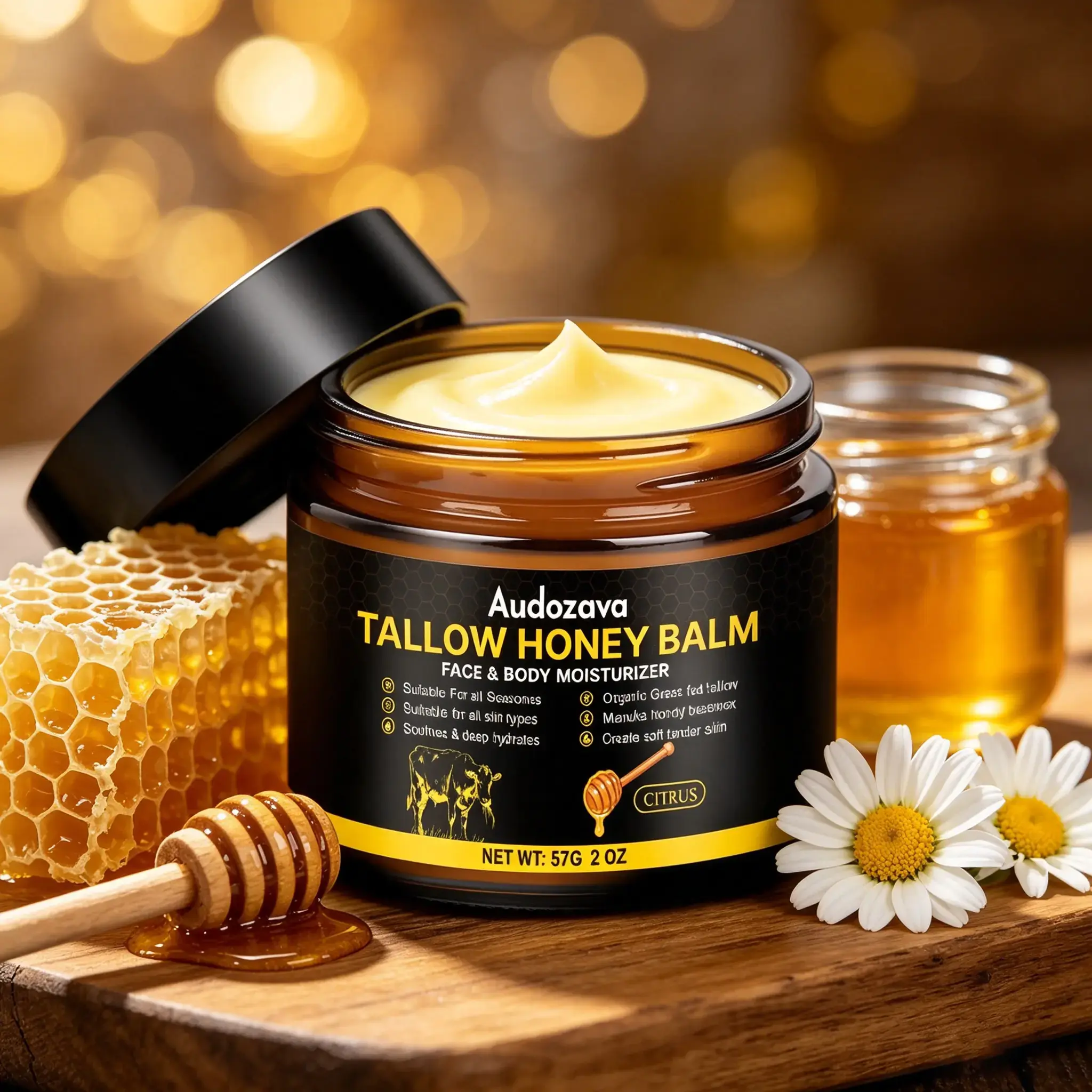 Tallow Honey Balm - Grass-Fed Tallow & Honey Blend, Deeply Hydrates Dry Skin, Lightweight Non-Greasy Formula, Suitable for Face & Body, Ideal for Daily Moisturizing Care