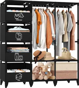 Portable Closet, Easy Assembly, Large Capacity Wardrobe Closet, Sturdy and Stable Clothes Rack with Shelves 4 Storage Baskets and 2 Hanging Rods, for Bedroom and Cloakroom Black