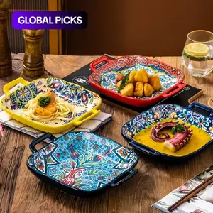 Bohemian Ceramic Plate, 4 Counts/set Square Plate with Handle, Salad Plate for Home Kitchen Dining Room, Modern Ceramic Plates #GLOBAL PICKS