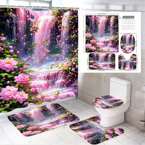 4pcs Whimsical Fantasy Bathroom Set, Enchanting Waterfall Shower Curtain,The floor mat fabric is thicker and softer!  Flower Design, Matched Decor Accessories, Ideal for Relaxing Spa
