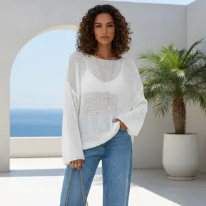 Women's  Sheer Knit Oversized Sweater - Loose-Fit Bell-Sleeve Casual Top, Lightweight Breathable Fabric for Beach Vacations, Daily Outings & Layering Outfits