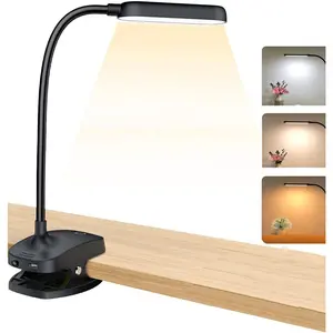 Desk Lamp Clip On Light-7W 2600mAH Flexible Gooseneck Battery Operated Rechargeable Reading Lamp with Clamp & Stepless Brightness for Desk,Piano,Bed Headboard and Computers