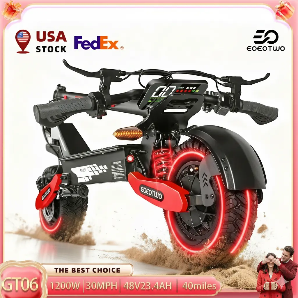 【 EOEOTWO&GT06】Electric scooter with a range of 40 miles, equipped with a 1200 W motor, top speed of 30 miles per hour, 11-inch all-terrain tires, front and rear shock absorbers, an LED display screen, and a foldable design.