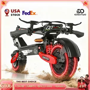 【 EOEOTWO&GT06】Electric scooter with a range of 40 miles, equipped with a 1200 W motor, top speed of 30 miles per hour, 11-inch all-terrain tires, front and rear shock absorbers, an LED display screen, and a foldable design.