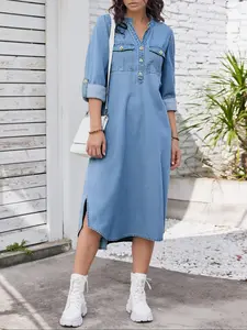 Elastic Washed Mid-Sleeve Comfortable Denim Dress, Four Seasons Wearable Casual, Perfect for Daily Use & Dates