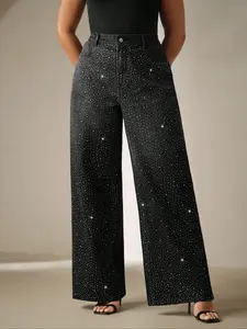 Plus Size Women's Classic Washed High Waisted Straight Leg Jeans, Rhinestone Embellished Stretchy Fitted Denim Pants, Trendy Fashion Casual Style Comfort Jeans