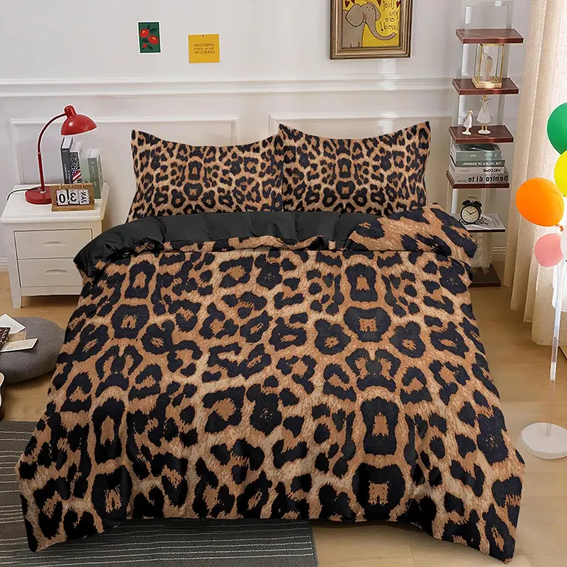 Leopard Print Polyester Bedding Set - Quilt Cover with Pillowcase for Teens and Adults