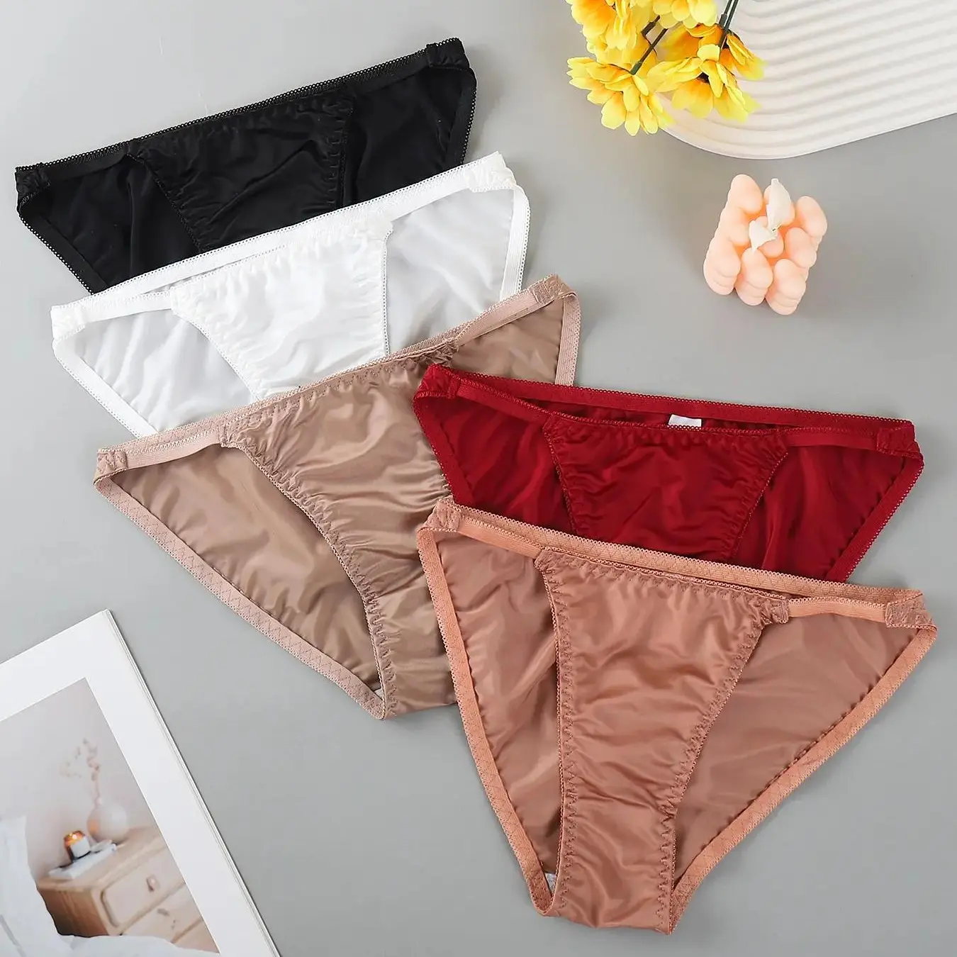 5 Pcs Women Silk Satin Thong, Solid Color String Panties, Breathable Comfort Sexy Ladies Underwear for Daily Wear