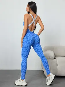 Seamless Knitted Leopard Print Women's Fitness Bodysuit, Stylish Backless Yoga for Casual Walking and Climbing, Ideal Women's Gym Apparel, Sporty Jumpsuit, Sports Jumpsuit, Workout Jumpsuit, Stretchy Jumpsuit, Stretch Jumpsuit