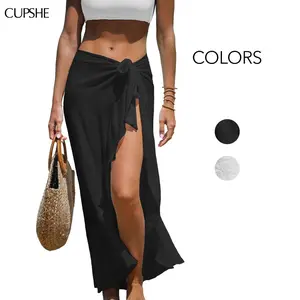 CUPSHE Sheer Cover Ruffled Maxi Women Swimsuit Cover-Up Sarong Classic Beachwear Woven Self Tie Side Asymmetrical Hem Swimwear Bathing Suits White