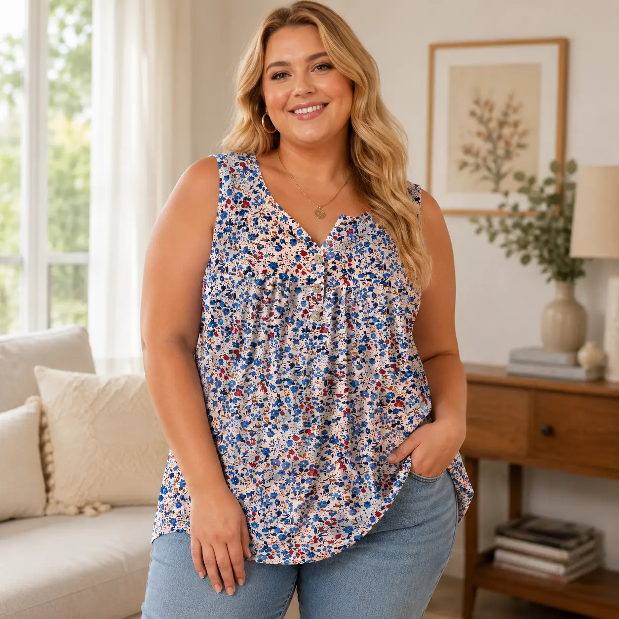 Plus Size Women's Henley Shirt, Casual Summer Printed V-Neck Tank Top, Sleeveless Flowy Pleated Style in Soft Fabric, Prints