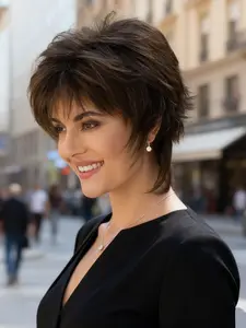 Fashionable Short Pixie Cut Brown Synthetic Material Wigs for Women, Fluffy Straight Hair with Side Bangs, Easy to Wear for Daily Outings, Birthdays and Festivals, Synthetic Machine Wigs