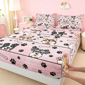 Cute Dog Bed Sheet Set,Home Decor Cartoon Puppy Pet Animals Sheet Set,Deep Pocket,Black Paw Bone Print Pink Mattress Cover,No Flat Sheet