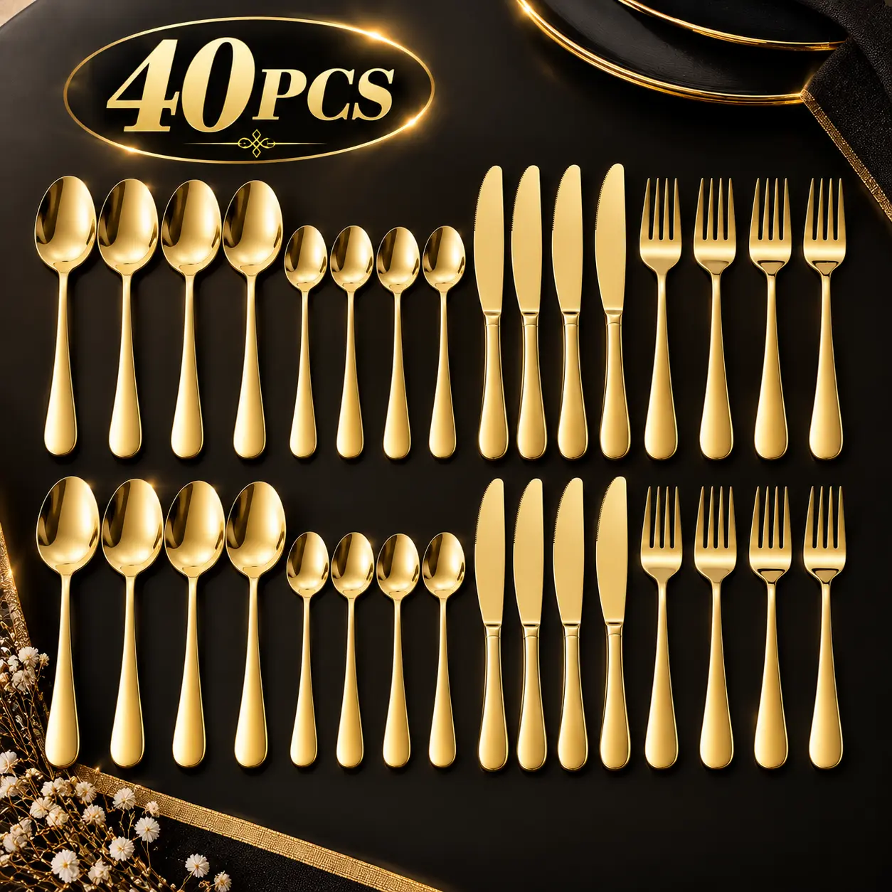 40Pcs Gold Flatware Set, No Fade Gold Stainless Steel Silverware, Heavy Duty Knives Forks Spoons, Rust Resistant Cutlery for Family Dinner & Party