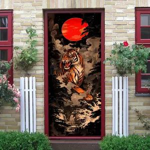 2 Chinese Style Red Moon Tiger Wall Sticker Removable PVC Living Room Decoration Mountain Water Art Home Wall Decal Tiger Pattern New Year Decorative Sticker