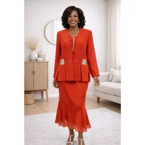 Women's Plus Size 3-Piece Chiffon Dress Set - Hosanna 5527, Elastic Long Sleeve Jacket, Comfortable Elegant Tea Length Skirt, Rhinestone Accents, Modest Look