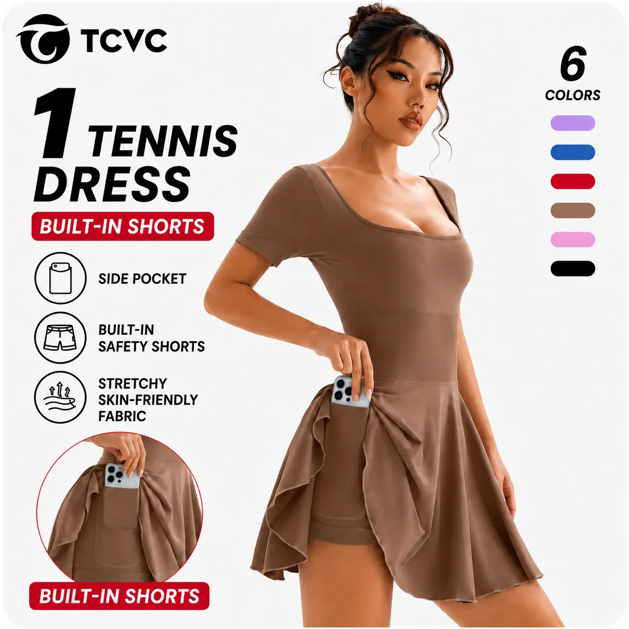 TCVC Women's Square Neck Tennis Dress with Inner Pocket, 2-in-1 Athletic Skort Dress for Workout, Golf, Pickleball & Casual Wear for Summer & Summer Wear