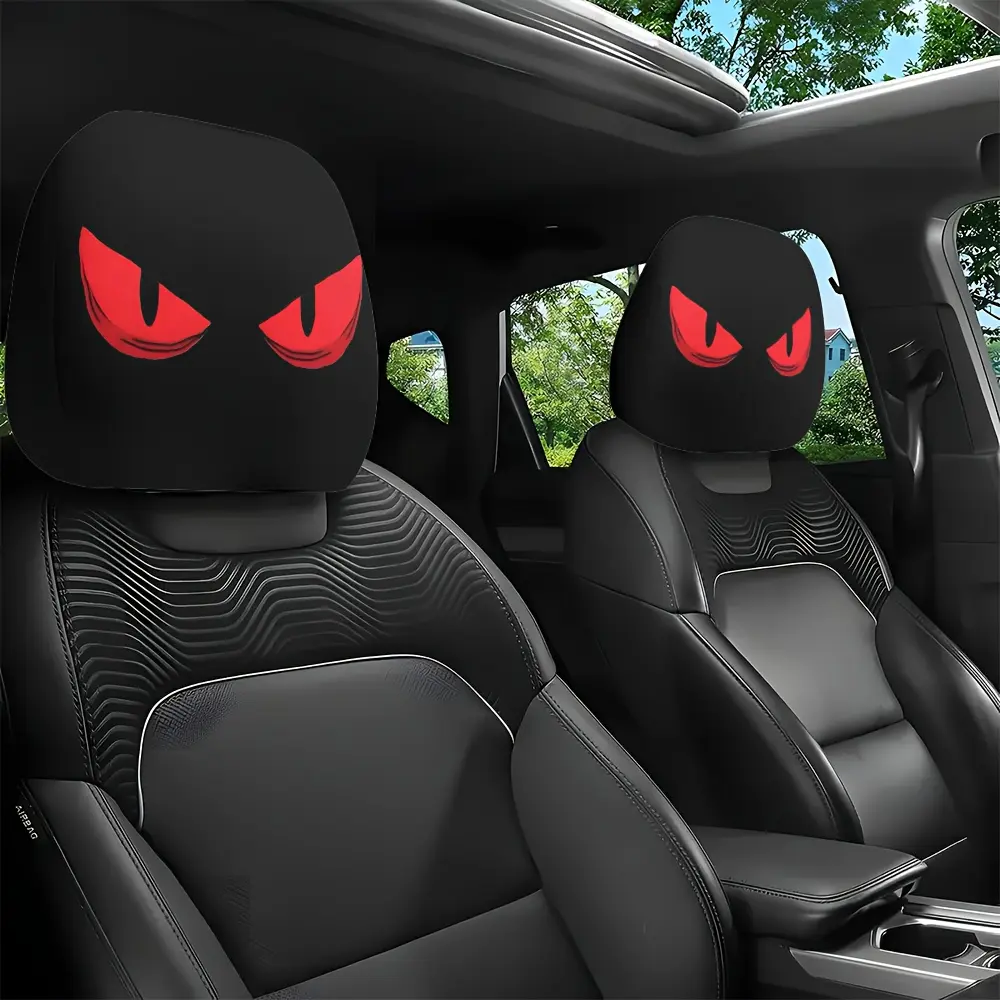 Double Pack Car Head Pillowcase, Wicked Red Eye Print Design, Unisex, Stretch Fabric, No Filler, Halloween/Christmas Decoration Accessories, Car Seat Headrest
